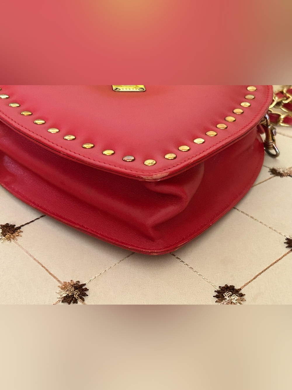 MCM Red Heart Studded Crossbody with Gold Chain Cromer Design - Picture 11 of 16